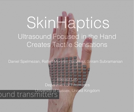 (Video) SkinHaptics : Ultrasound Focused in the Hand Creates Tactile Sensations