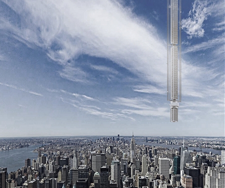 Analemma Tower Attached to an Asteroid to Get Around Building Restrictions