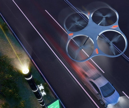 Flying Poles Direct The Drone Highway + Driverless Car System of the Future