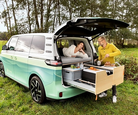 Tiny VW ID. Buzz e-Camper Lives Large with Queen Bed and Flex Kitchen