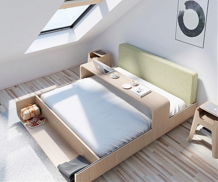 The Boomerang Bed Features an Integrated Table + Storage Area